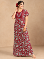 Red Floral Cotton Nighty with Side Pocket and Lace Yoke