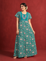 Teal Vine Floral Cotton Nighty with Embroidered Neckline