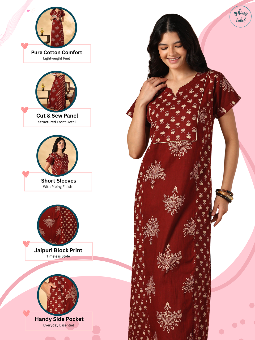 Soft Pure Cotton A Line Nighty with Traditional Jaipuri Print