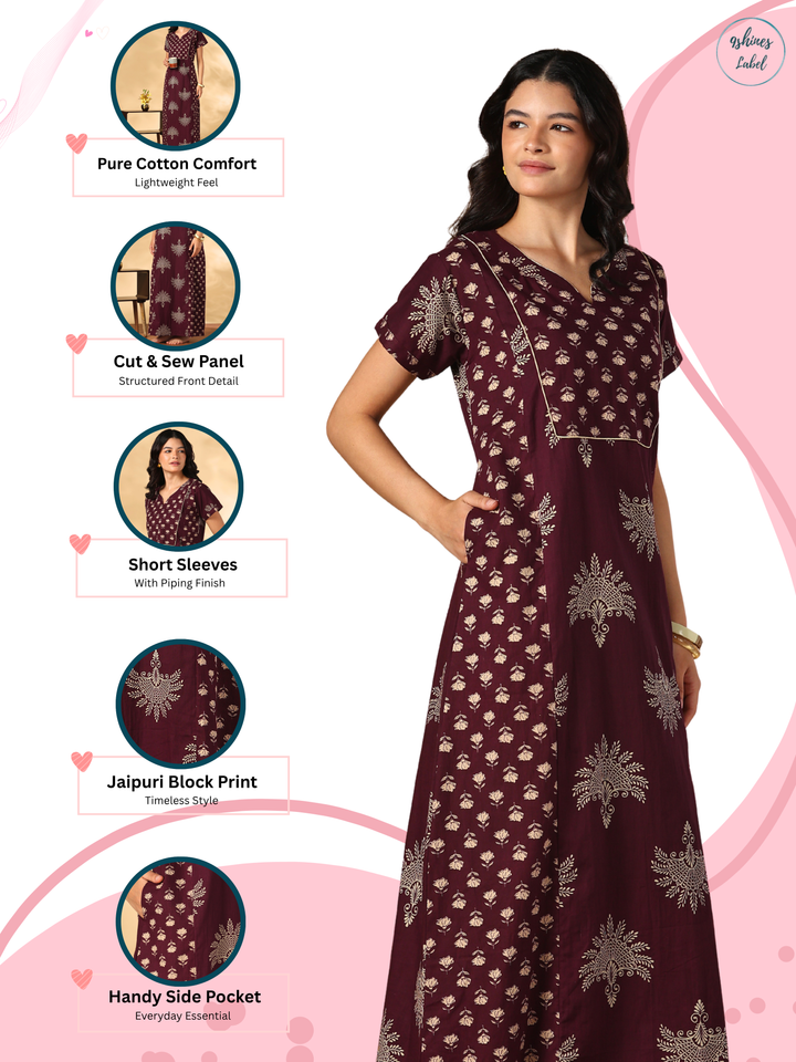Jaipuri Print A Line Pure Cotton Nighty with Notch Neck