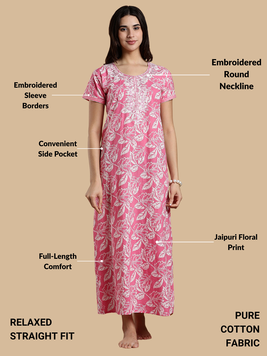 Blush Bloom Jaipuri Embroidered Cotton Nighty with Festive Charm