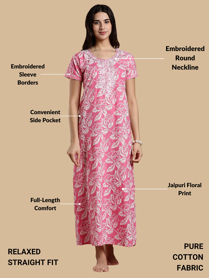 Blush Bloom Jaipuri Embroidered Cotton Nighty with Festive Charm