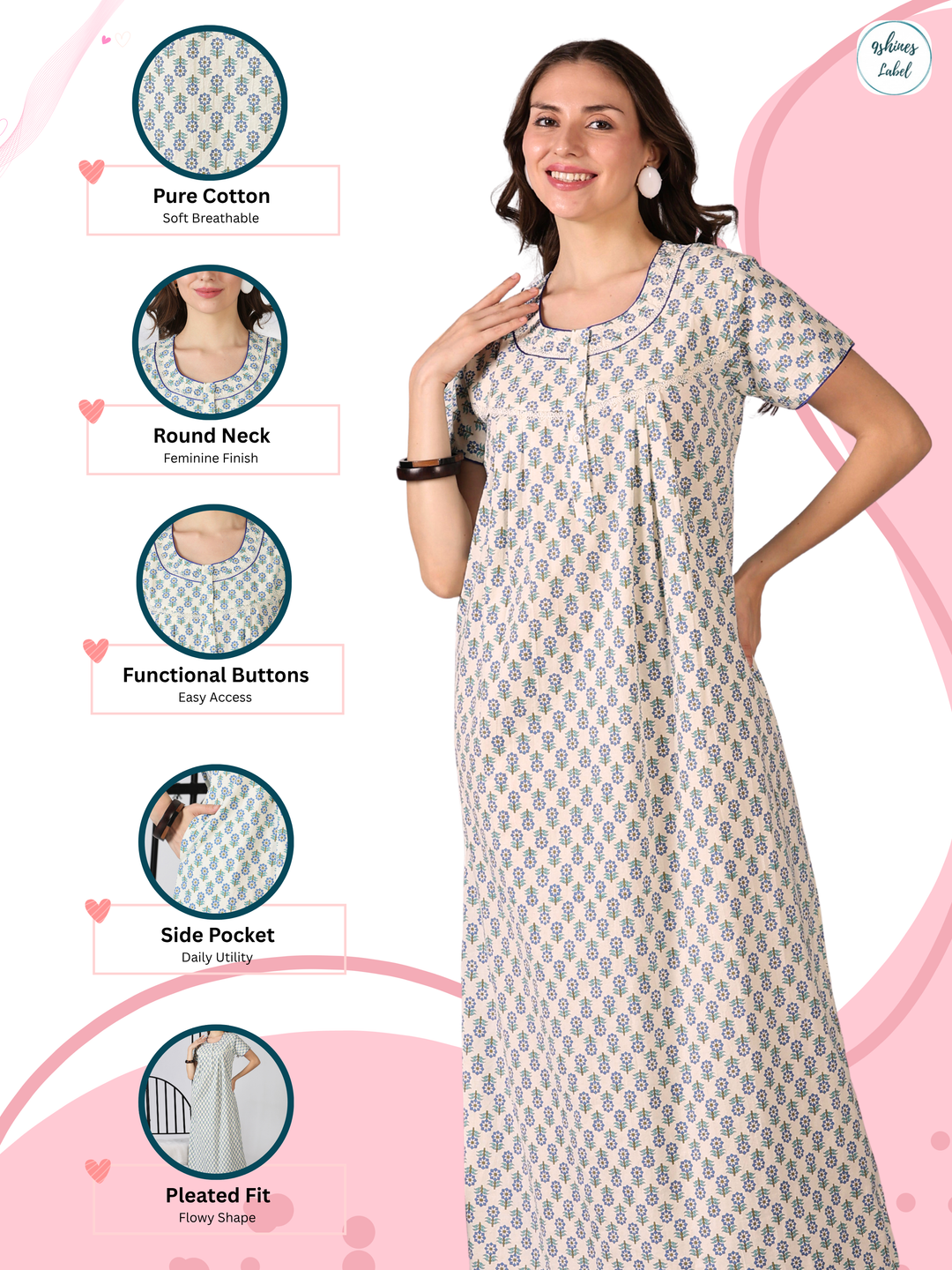 Blue Floral Soft Breathable Relaxed Fit Cotton Night Dress for Women