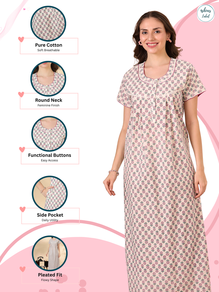 Leaf Green Pure Cotton Nighty for Women Breathable Floral Comfort Wear