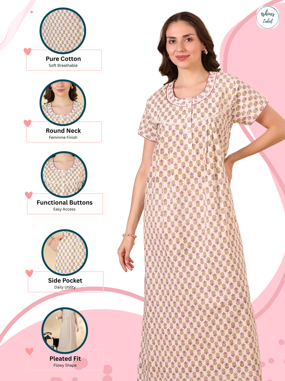 Leaf Pink Cotton Nighty for Women Floral Soft Comfortable Wear