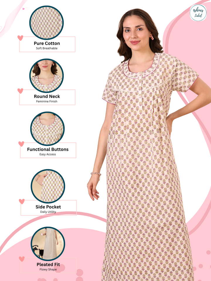 Leaf Pink Cotton Nighty for Women Floral Soft Comfortable Wear
