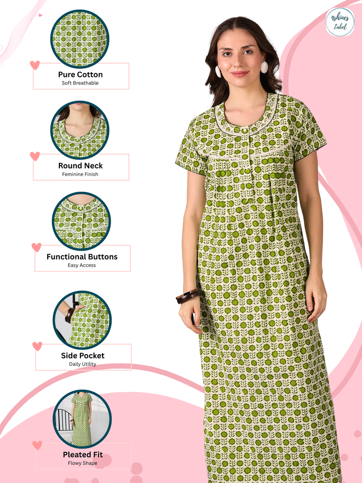 Cotton Green Floral Relaxed Fit Daily Wear Nighty for Women