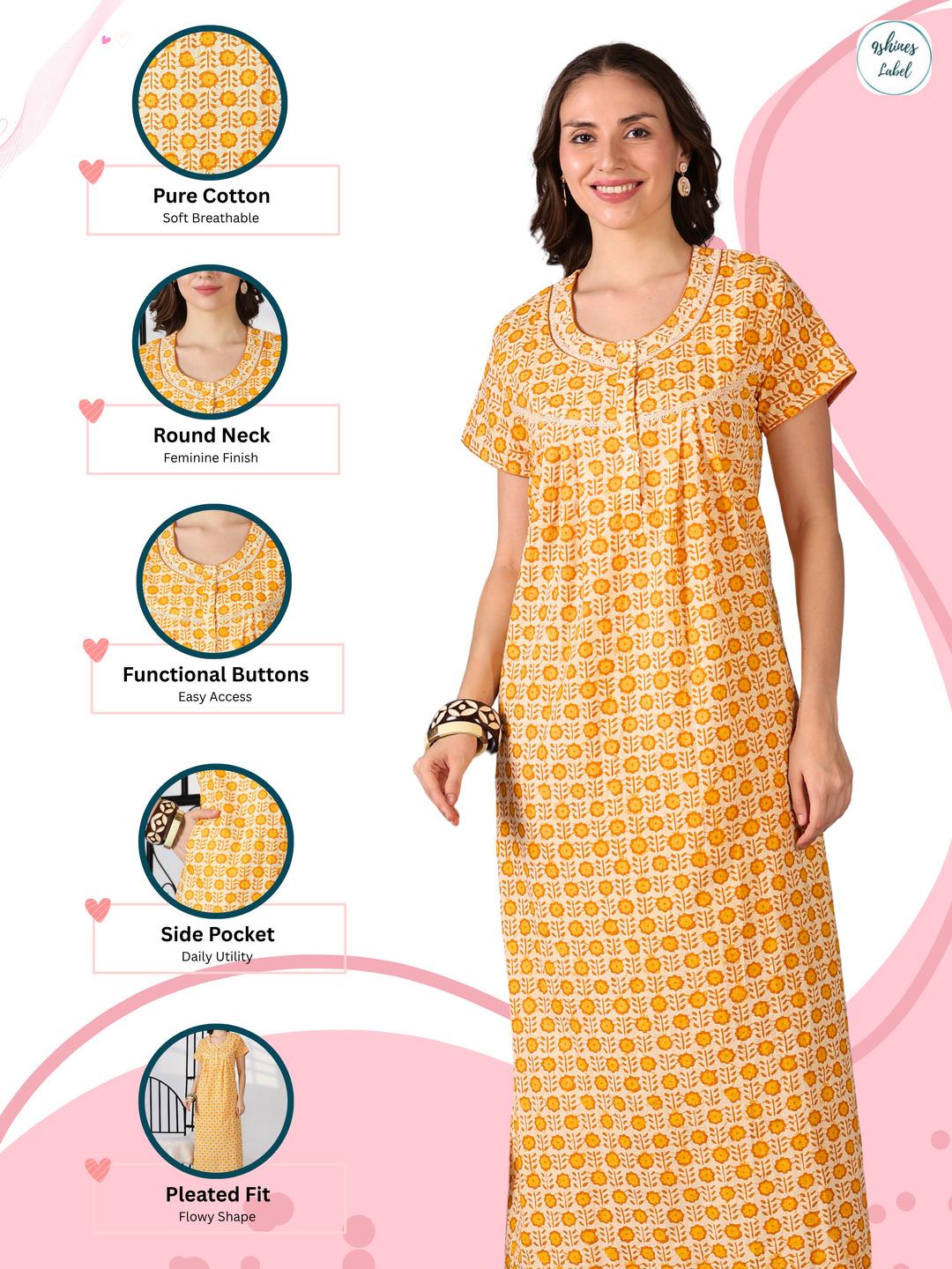 Pure Cotton Floral Printed Nighty for Women Soft Pleated Comfort