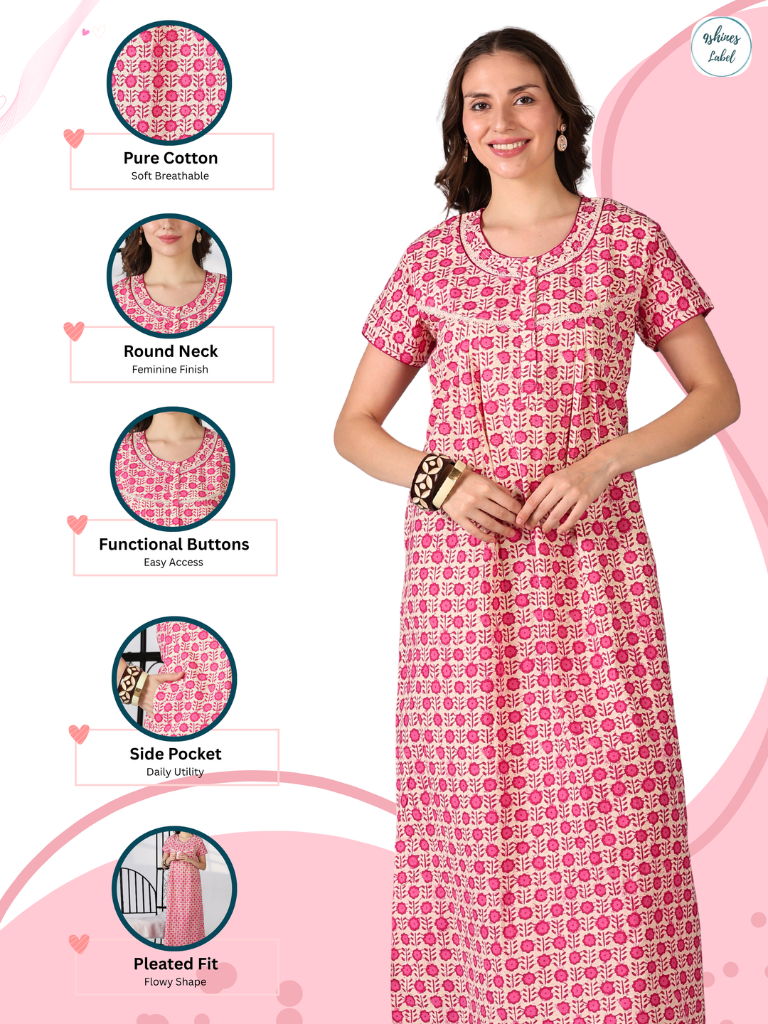 Pink Floral Pure Cotton Soft Breathable Night Dress for Women