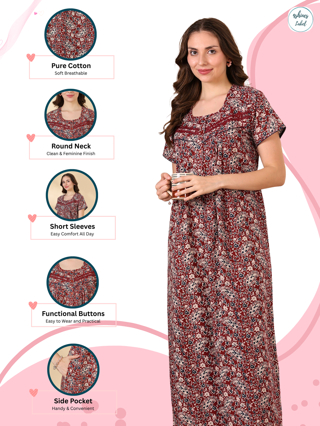 Paisley Rust Cotton Nighty for Women with Lace Yoke Comfort Fit