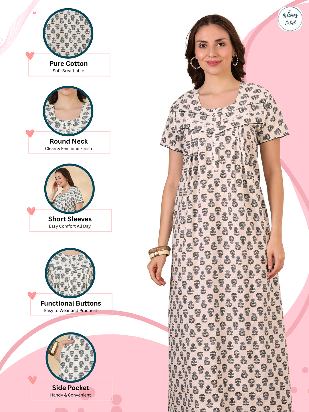 Slate Buta Cotton Nighty for Women Soft Breathable Night Dress