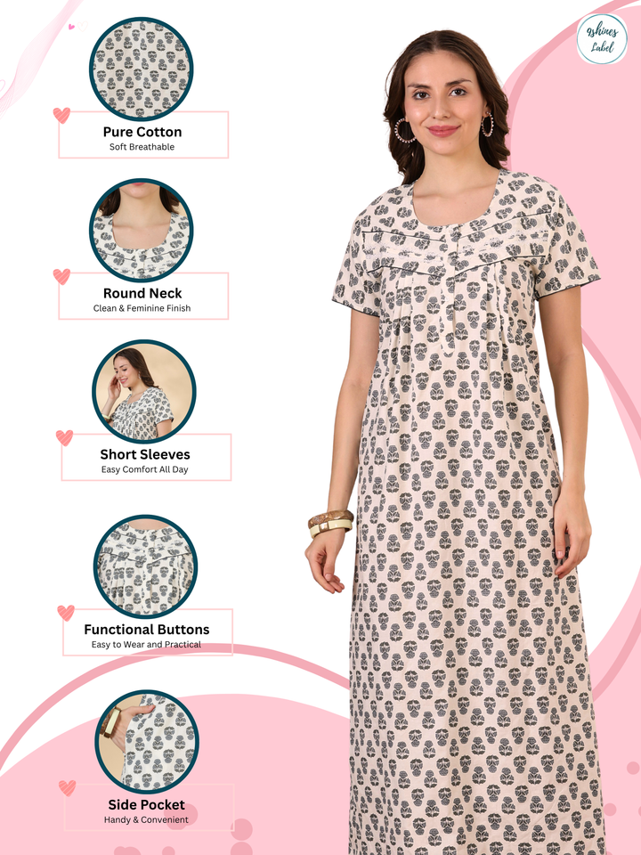 Slate Buta Cotton Nighty for Women Soft Breathable Night Dress