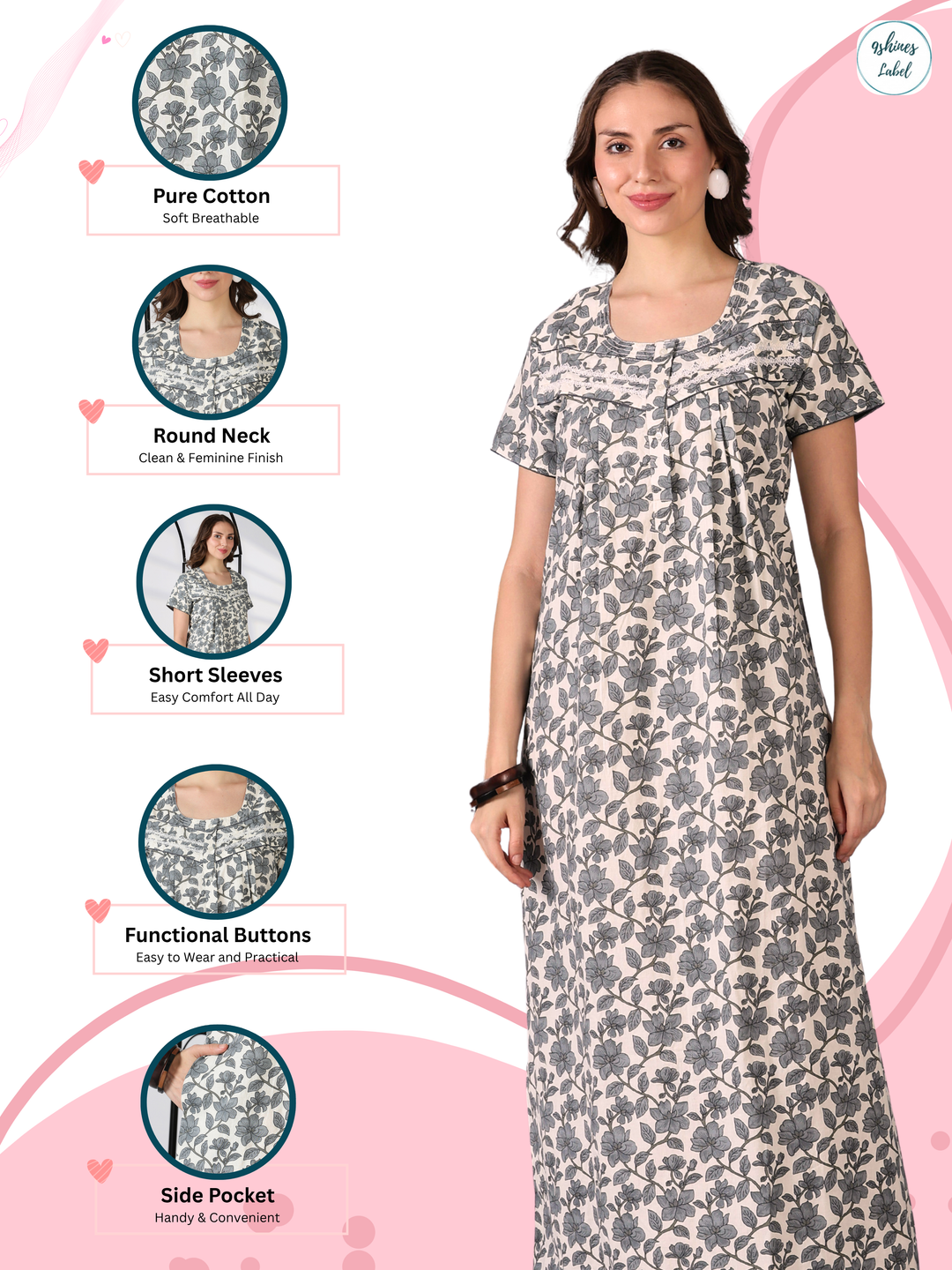 Slate Floral Cotton Nighty for Women Breathable Soft Nightwear