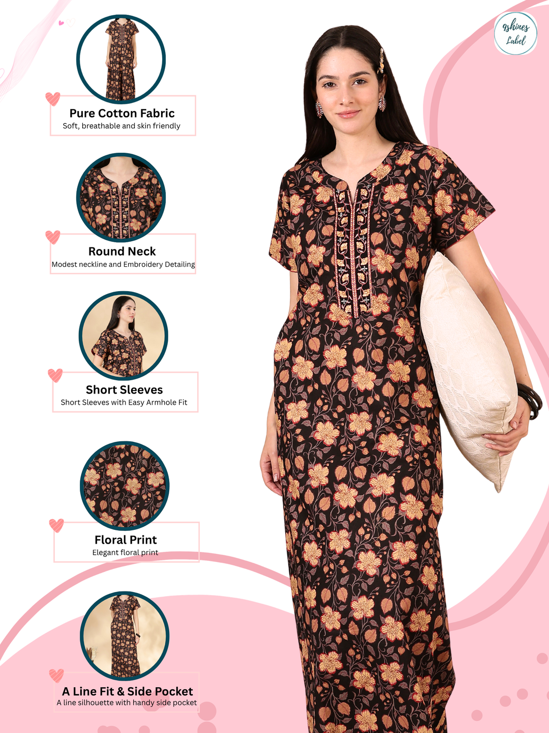 Black Floral Cotton Nighty for Women with Embroidered Neck