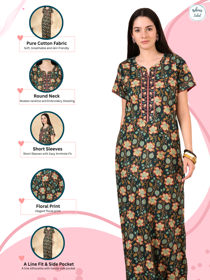 Pure Cotton Green Floral Nighty for Women Relaxed Fit