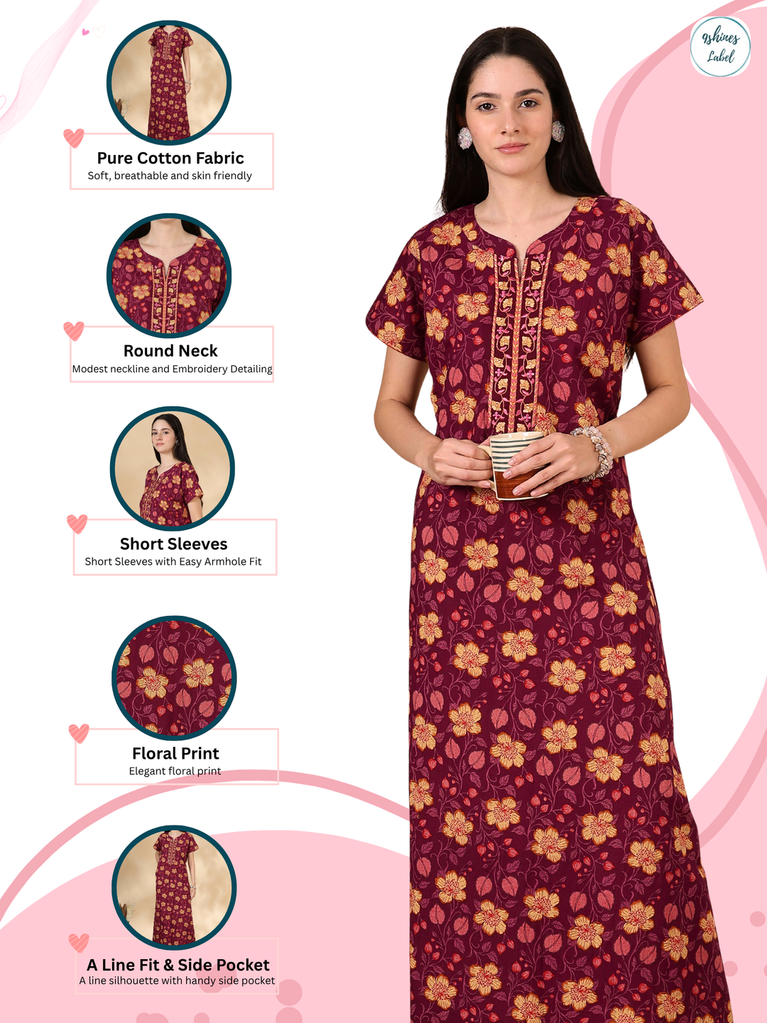 Pure Cotton Floral Nighty for Women with Embroidered Yoke