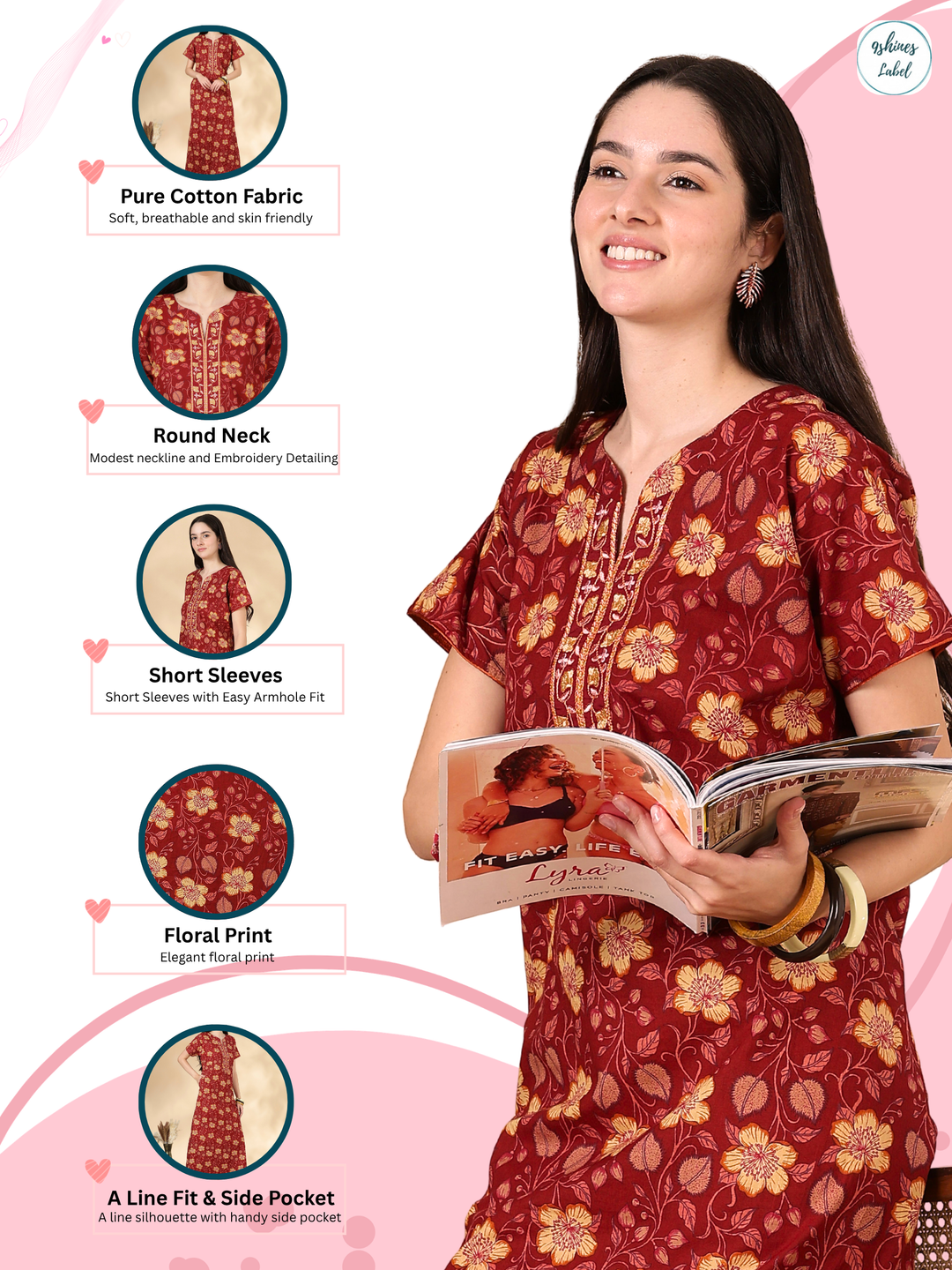 Rust Floral Pure Cotton Nighty for Women with Pocket