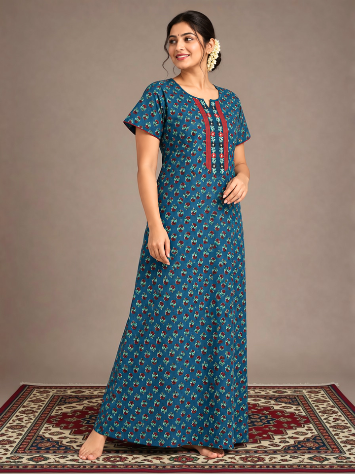 Floral Buti Print Cotton Nighty for Women with Embroidered Placket