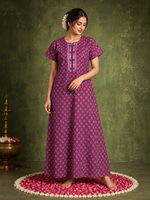 Designer Cotton Nighty for Women with Floral Embroidered Neckline
