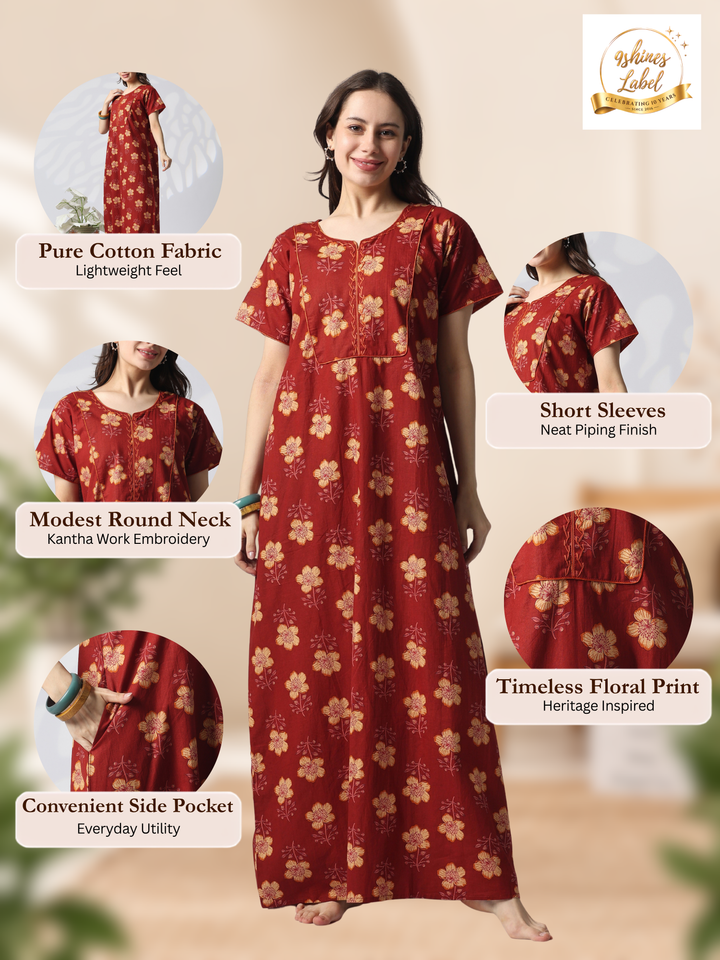 Floral Pure Cotton Designer Nighty with Embroidered Neck in Mahek Orange