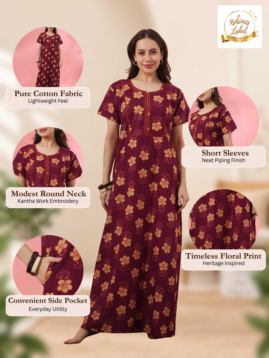 A-Line Pure Cotton Floral Nighty with Embroidered Neck in Mahek Purple