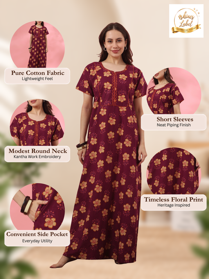 A-Line Pure Cotton Floral Nighty with Embroidered Neck in Mahek Purple