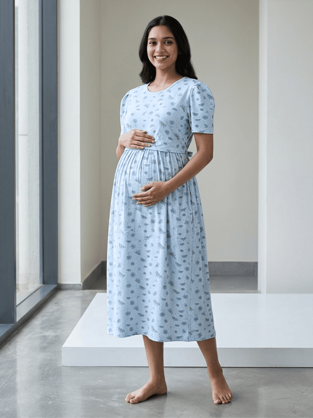 Bluebell Daisy Print Hosiery Cotton Maternity Nighty with Feeding Flap