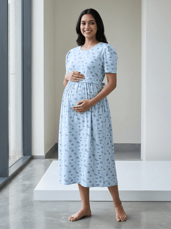Bluebell Daisy Print Hosiery Cotton Maternity Nighty with Feeding Flap
