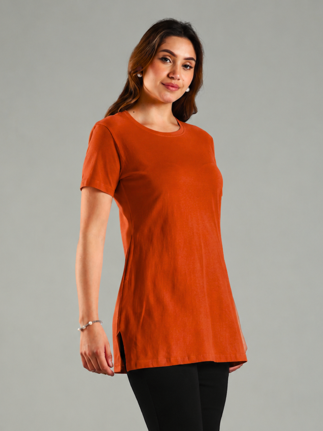 Sunset Orange Hosiery Cotton Long Nighty with Side Slits