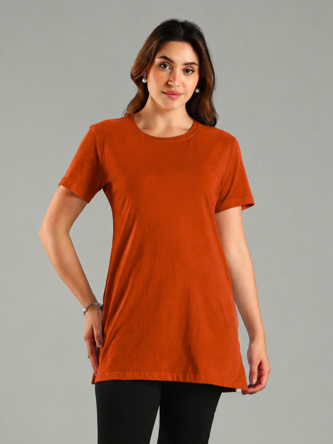 Sunset Orange Hosiery Cotton Long Nighty with Side Slits