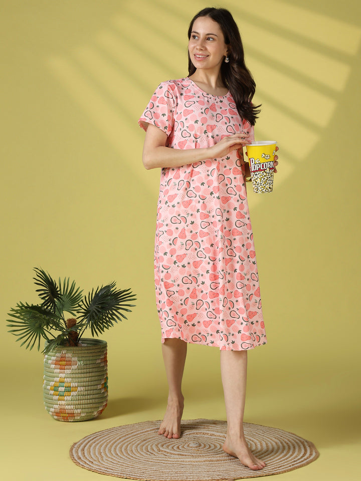 Gloss Malai Fruit Print Short Nighty for Women Silky Soft Comfort