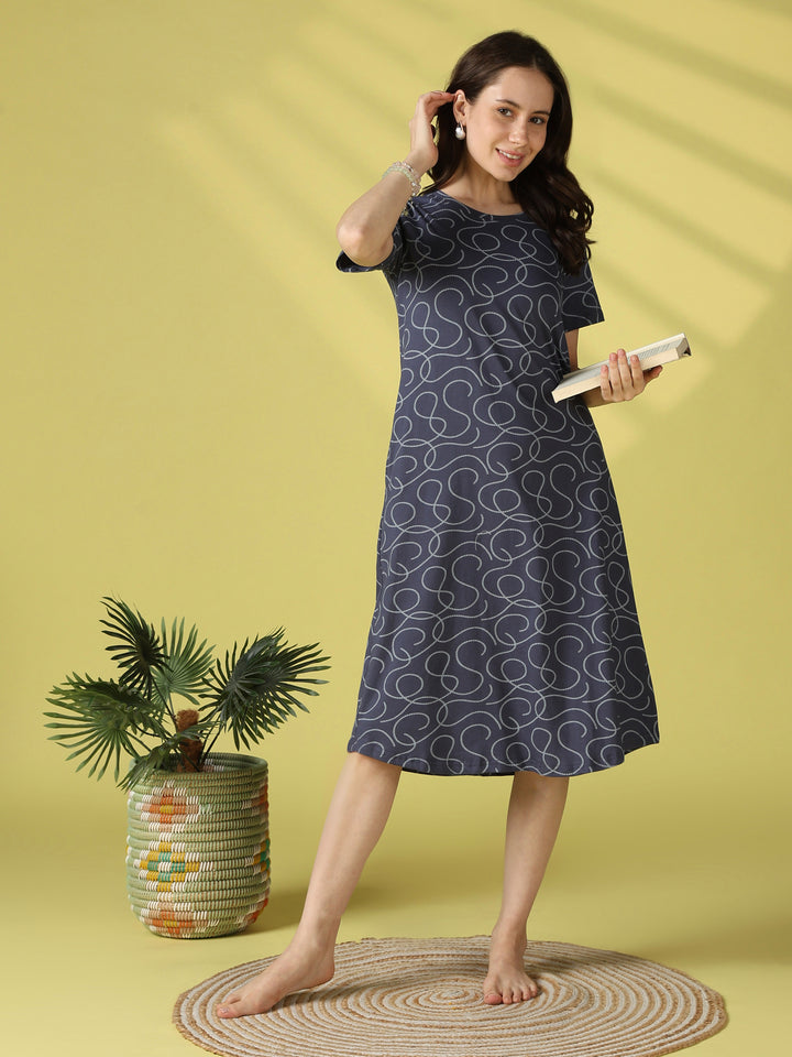 Swirl Print Hosiery Cotton Short Nighty for Women in Twisty Blue