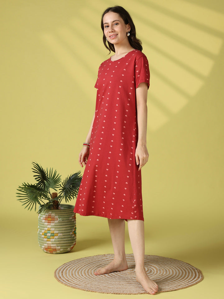 Cute Heart Print Cotton Short Nighty for Women Everyday Comfort