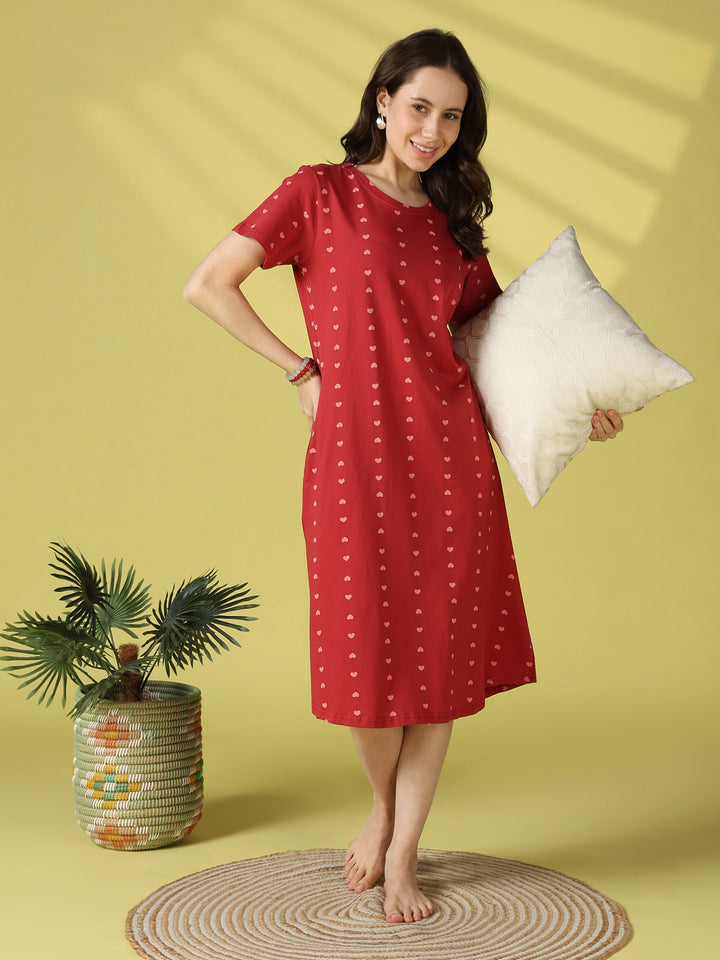 Cute Heart Print Cotton Short Nighty for Women Everyday Comfort