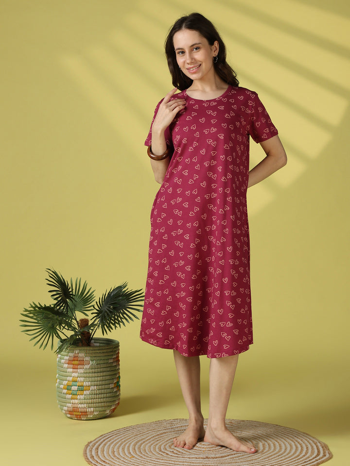 Heart Print Hosiery Cotton Short Nighty for Women in Pink Heartbeat