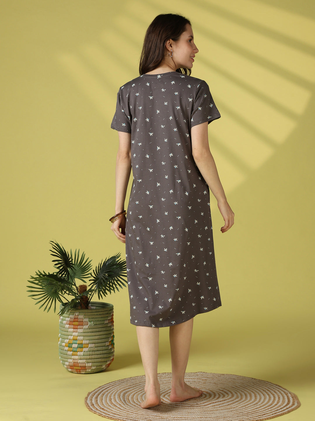 Everyday Floral Hosiery Cotton Lounge Nighty for Women in Grey Flower