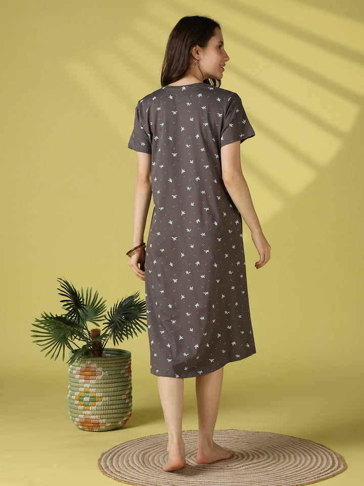 Everyday Floral Hosiery Cotton Lounge Nighty for Women in Grey Flower