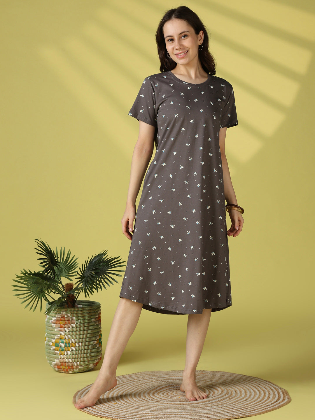 Everyday Floral Hosiery Cotton Lounge Nighty for Women in Grey Flower