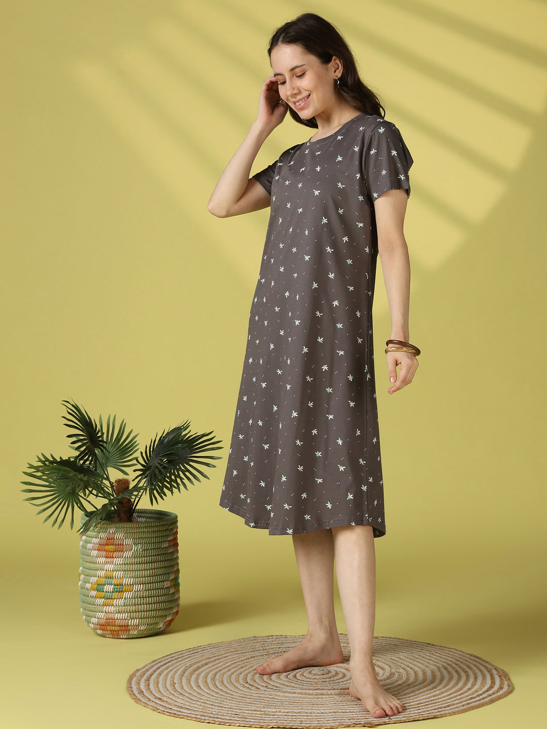 Everyday Floral Hosiery Cotton Lounge Nighty for Women in Grey Flower