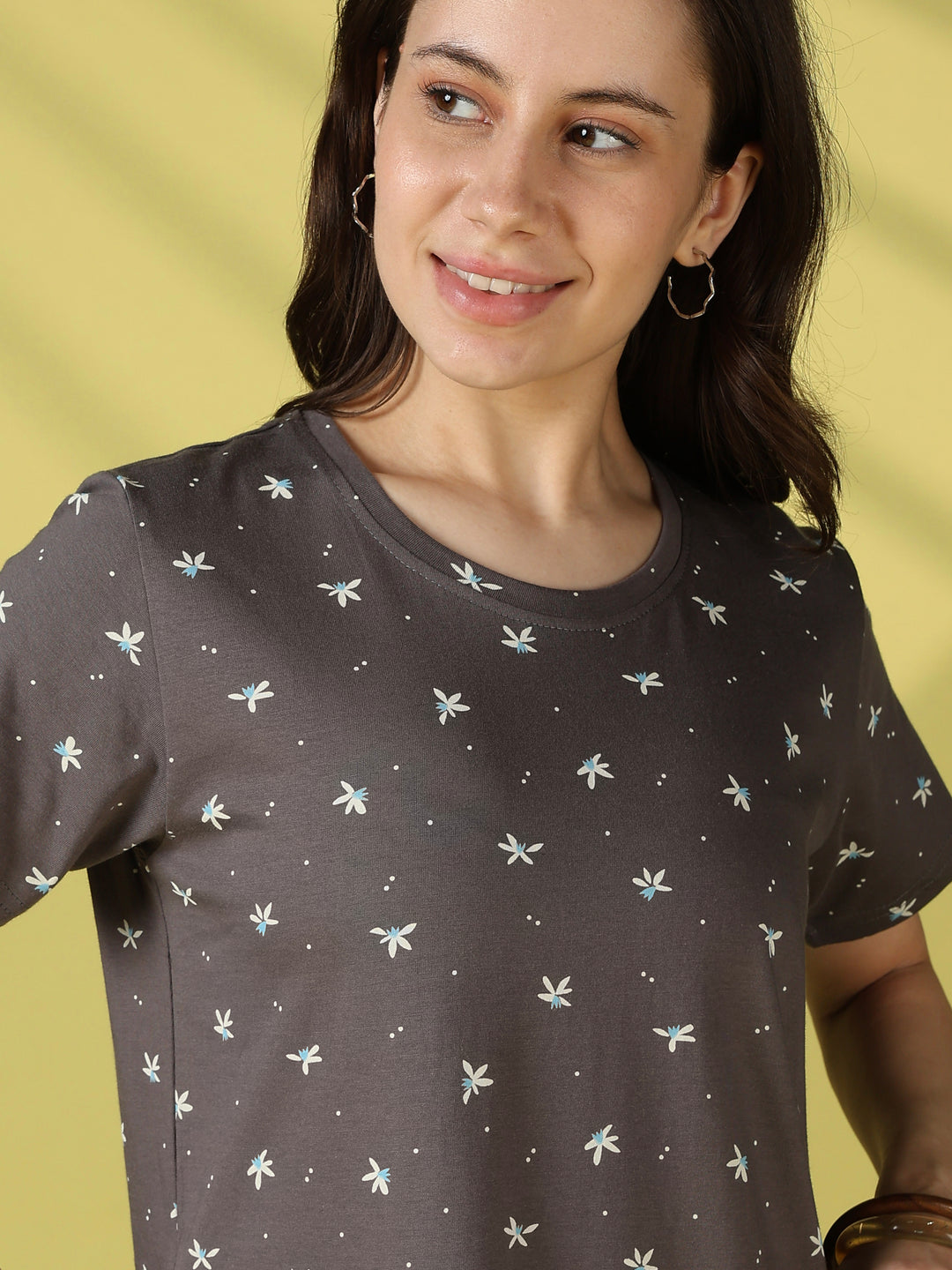 Everyday Floral Hosiery Cotton Lounge Nighty for Women in Grey Flower