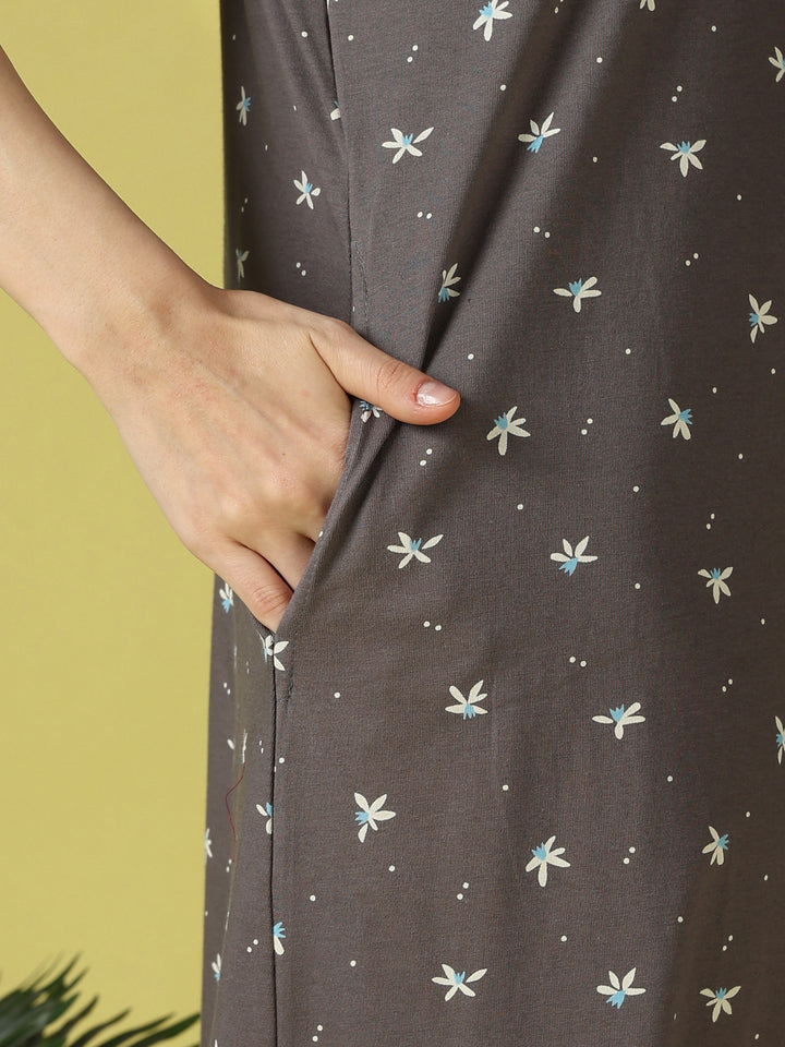 Everyday Floral Hosiery Cotton Lounge Nighty for Women in Grey Flower
