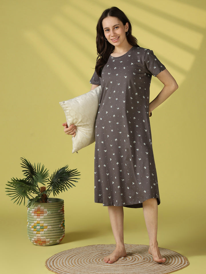 Everyday Floral Hosiery Cotton Lounge Nighty for Women in Grey Flower