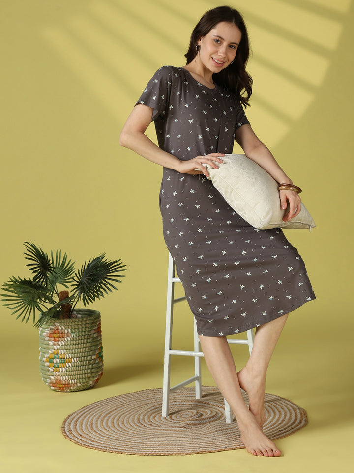 Everyday Floral Hosiery Cotton Lounge Nighty for Women in Grey Flower