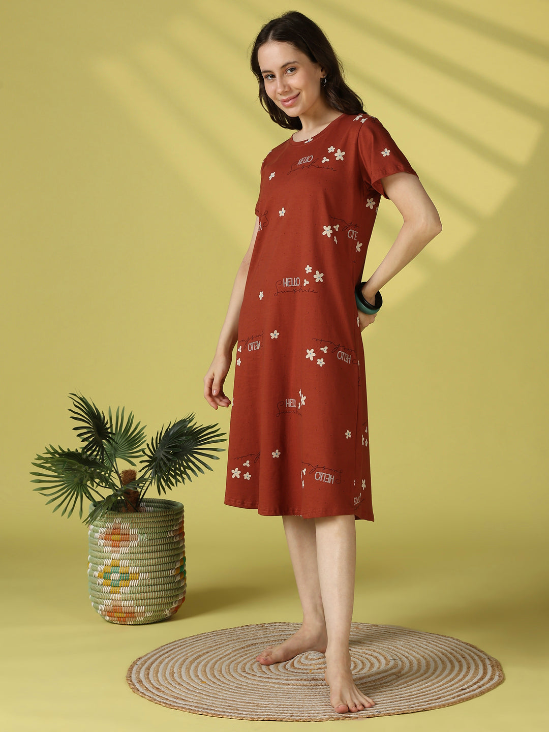 Brown Floral Hosiery Cotton Short Nighty for Women