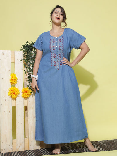 Denim Designer Nighty Embroidery Neck Sky Blue