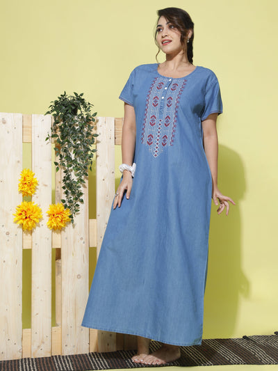 Denim Designer Nighty Embroidery Neck Sky Blue