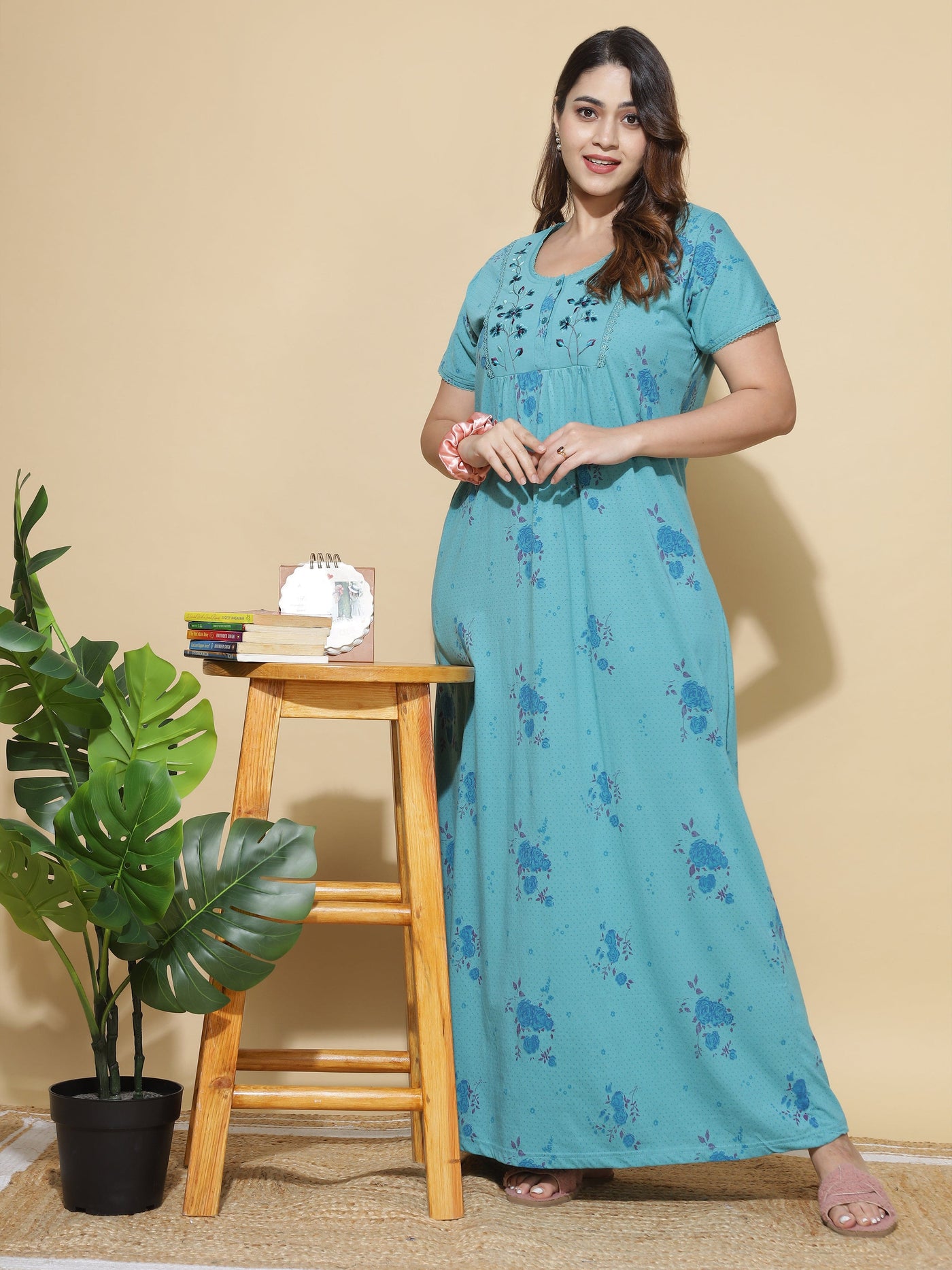 Cotton Blend Designer Maxi Splash Blue Nighty