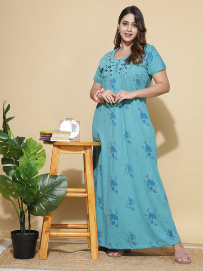 Cotton Blend Designer Maxi Splash Blue Nighty