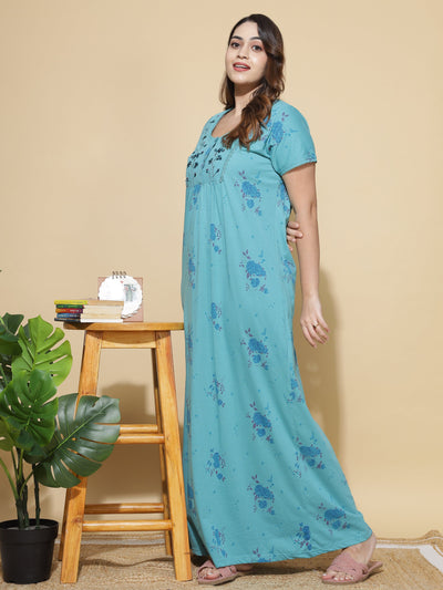 Cotton Blend Designer Maxi Splash Blue Nighty