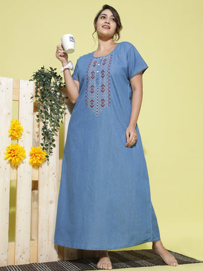 Denim Designer Nighty Embroidery Neck Sky Blue